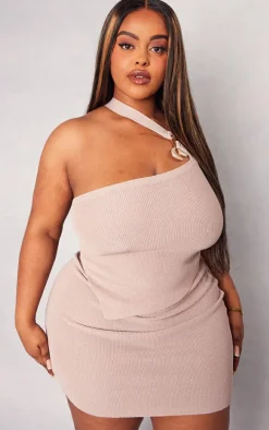 Plus Rose Gold Rib Knit Asymmetric Mini Skirt