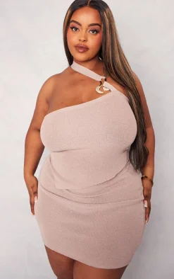 Plus Rose Gold Rib Knit Gold Trim Asymmetric Top