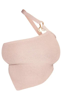 Plus Rose Gold Rib Knit Gold Trim Asymmetric Top