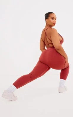 Plus Rust Acid Wash Seamless Rib Strappy Long Unitard