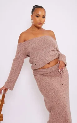 Plus Rust Bardot Distressed Knit Sweater