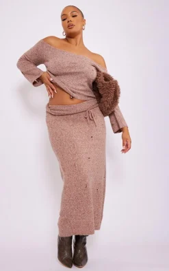 Plus Rust Bardot Distressed Knit Sweater