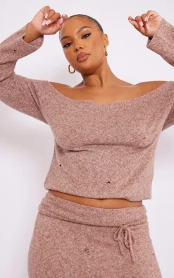 Plus Rust Bardot Distressed Knit Sweater