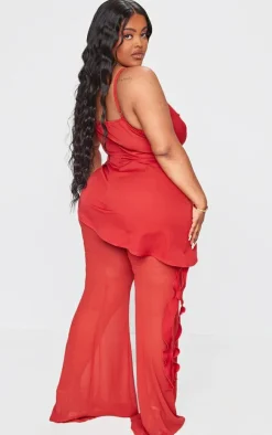 Plus Rust Cowl Neck Long Overlay Jumpsuit