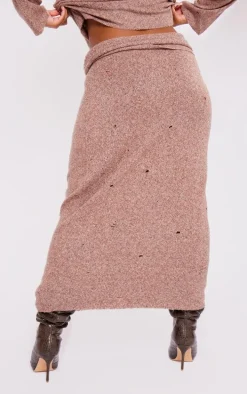 Plus Rust Distressed Knit Foldover Waistband Midi Skirt