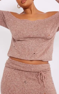 Plus Rust Distressed Knit Foldover Waistband Midi Skirt