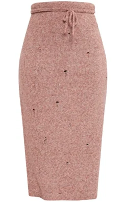 Plus Rust Distressed Knit Foldover Waistband Midi Skirt