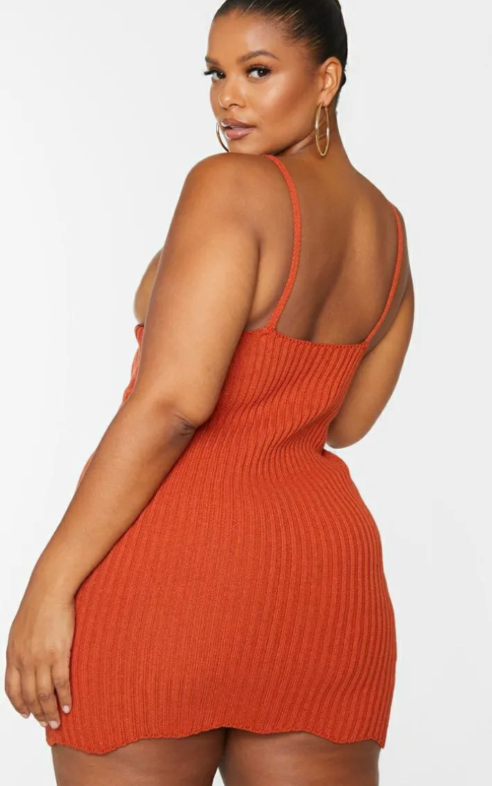 Plus Rust Knit Scallop Edge Detail Bodycon Dress