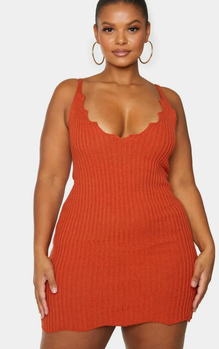 Plus Rust Knit Scallop Edge Detail Bodycon Dress