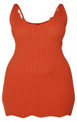 Plus Rust Knit Scallop Edge Detail Bodycon Dress