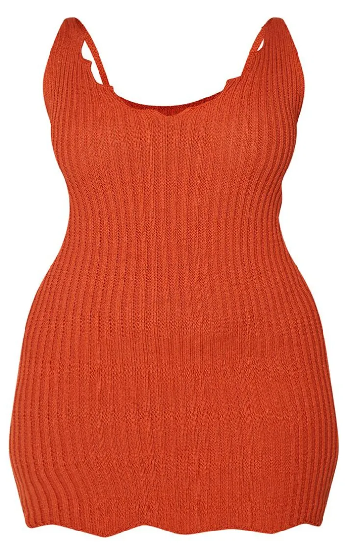 Plus Rust Knit Scallop Edge Detail Bodycon Dress
