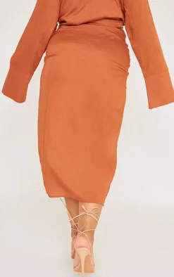 Plus Rust Linen Look Drape Front Midi Skirt