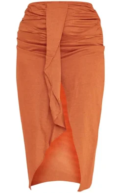 Plus Rust Linen Look Drape Front Midi Skirt