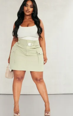 Plus Sage Green Belted Cargo Mini Skirt