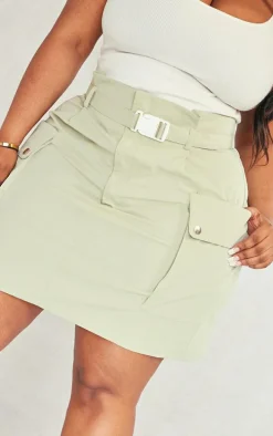 Plus Sage Green Belted Cargo Mini Skirt