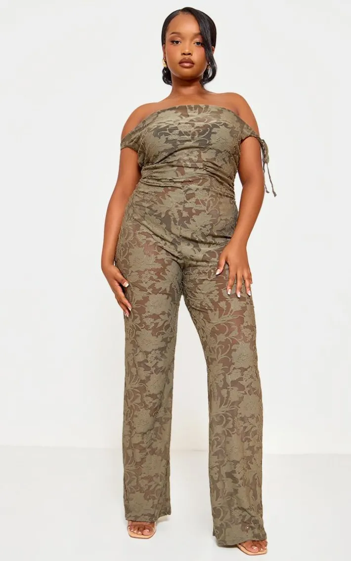 Plus Sage Green Devore Shoulder Tie Jumpsuit