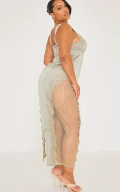 Plus Sage Green Lace Trim Corset Midi Dress