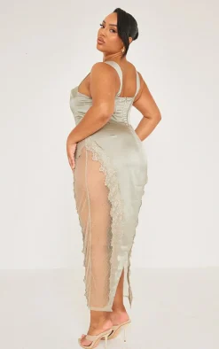 Plus Sage Green Lace Trim Corset Midi Dress