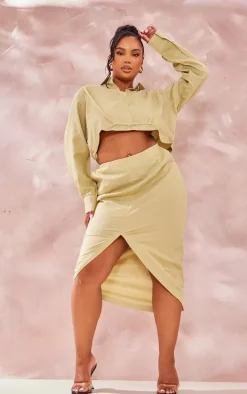 Plus Sage Green Linen Look Split Front Midi Skirt