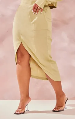 Plus Sage Green Linen Look Split Front Midi Skirt