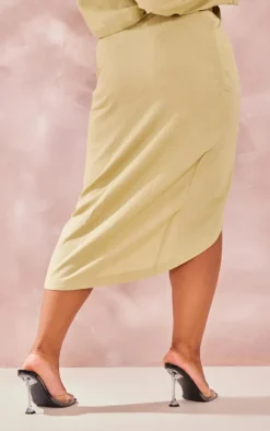 Plus Sage Green Linen Look Split Front Midi Skirt