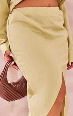 Plus Sage Green Linen Look Split Front Midi Skirt