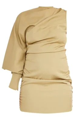 Plus Sage Green One Sleeve Ruched Woven Bodycon Dress