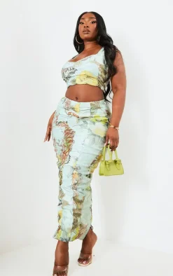 Plus Sage Green Printed Bengaline Ruched Midi Skirt