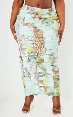 Plus Sage Green Printed Bengaline Ruched Midi Skirt