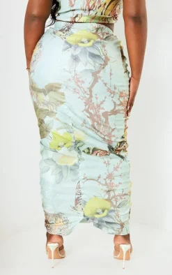 Plus Sage Green Printed Bengaline Ruched Midi Skirt