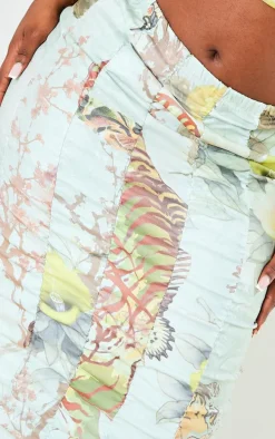 Plus Sage Green Printed Bengaline Ruched Midi Skirt