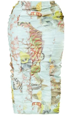 Plus Sage Green Printed Bengaline Ruched Midi Skirt
