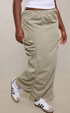 Plus Sage Green Ruched Cargo Pocket Maxi Skirt