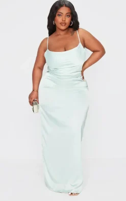 Plus Sage Green Satin Cowl Neck Midi Dress