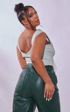 Plus Sage Green Stretch Woven Lace Up Corset Top