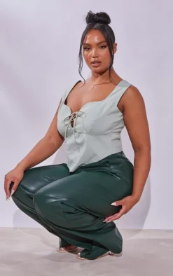 Plus Sage Green Stretch Woven Lace Up Corset Top