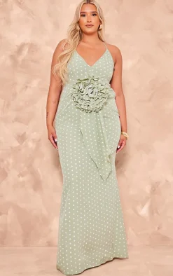 Plus Sage Polka Dot Satin Rose Detail Maxi Dress