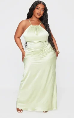 Plus Sage Satin Strappy Ruched Side Midi Dress
