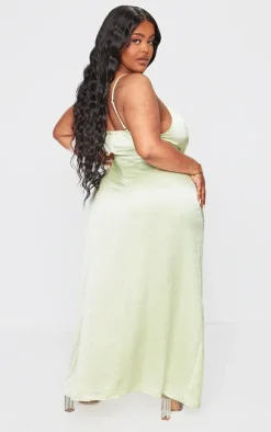 Plus Sage Satin Strappy Ruched Side Midi Dress
