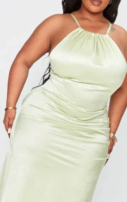 Plus Sage Satin Strappy Ruched Side Midi Dress