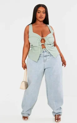 Plus Sage Tie Front Crop Top