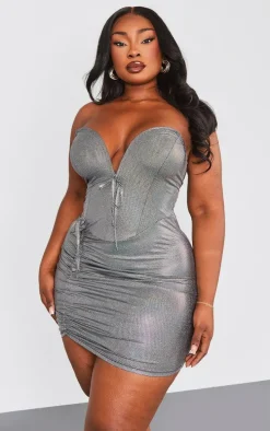 Plus Silver Metallic V Bar Bodycon Dress