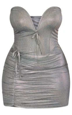 Plus Silver Metallic V Bar Bodycon Dress