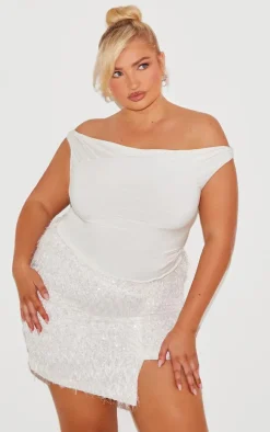 Plus Silver Sequin Feather Asymmetric Mini Skirt