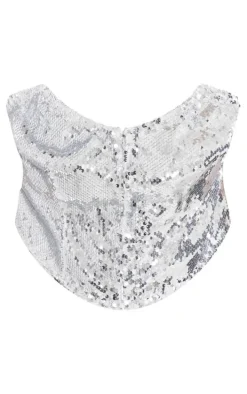 Plus Silver Sequin Hook And Eye Corset