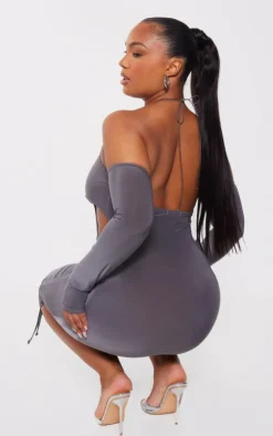 Plus Silver Slinky Ruched Cut Out Midi Dress