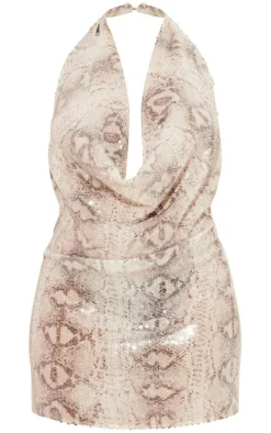 Plus Silver Snake Sequin Cowl Bodycon Dress