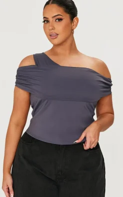 Plus Slate Grey Contour Bardot Twist Detail Top