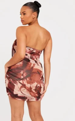 Plus Stone Animal Print Mesh Bandeau Drape Front Bodycon Mini Dress