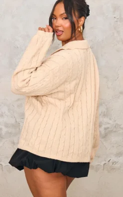 Plus Stone Cable Knit Embroidered Oversized Sweater